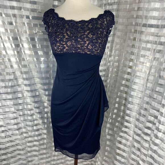 Xscape Navy Lace Embellished Draped Dress - Picture 1 of 6